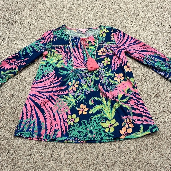 Lilly Pulitzer All Aglow Floral 3/4 Length Sleeve Tilda Tunic Top Tassel Sz XS - Picture 1 of 9